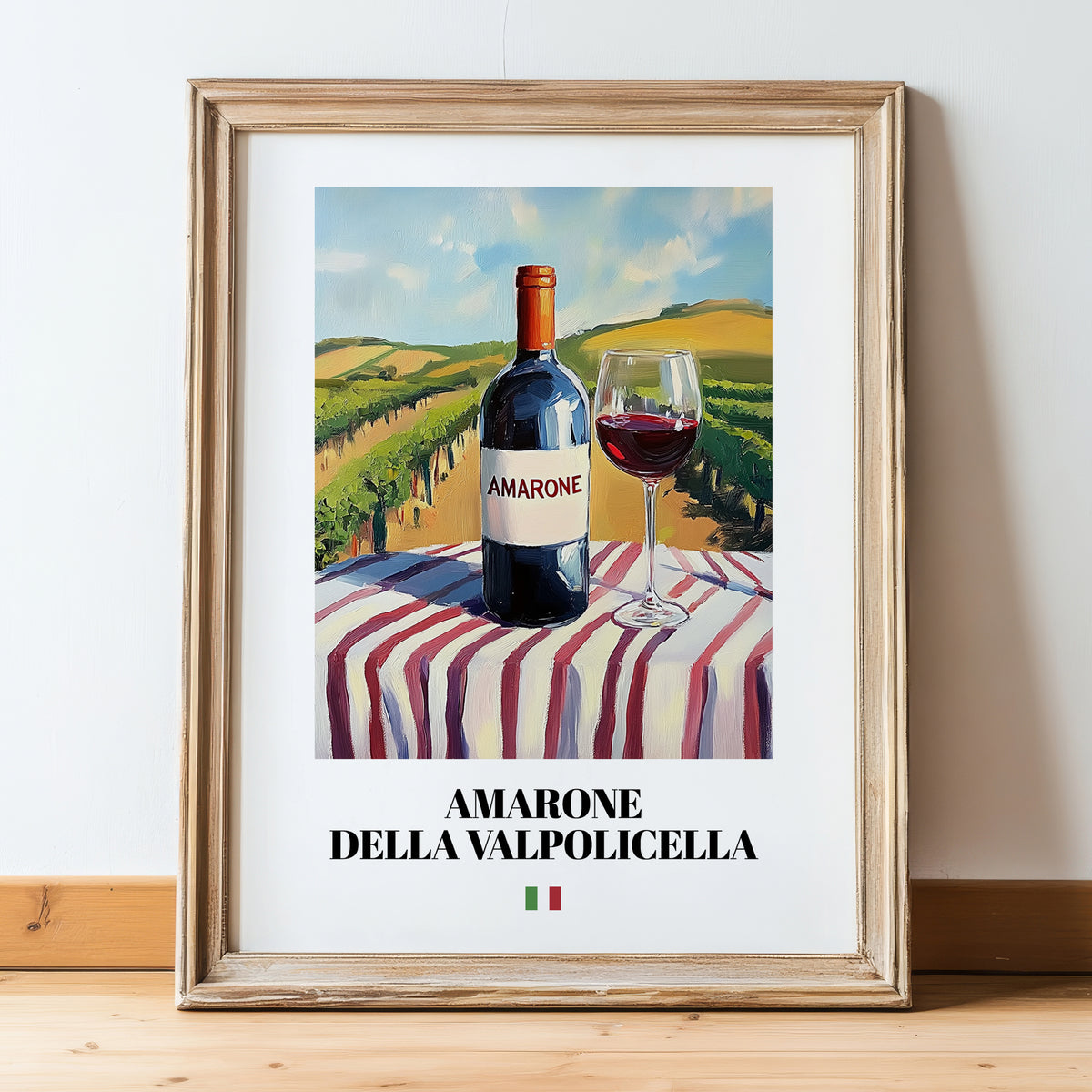 Amarone della Valpolicella – Italian Red Wine, Wine Bar Still Life, in wooden frame leaning on the floor