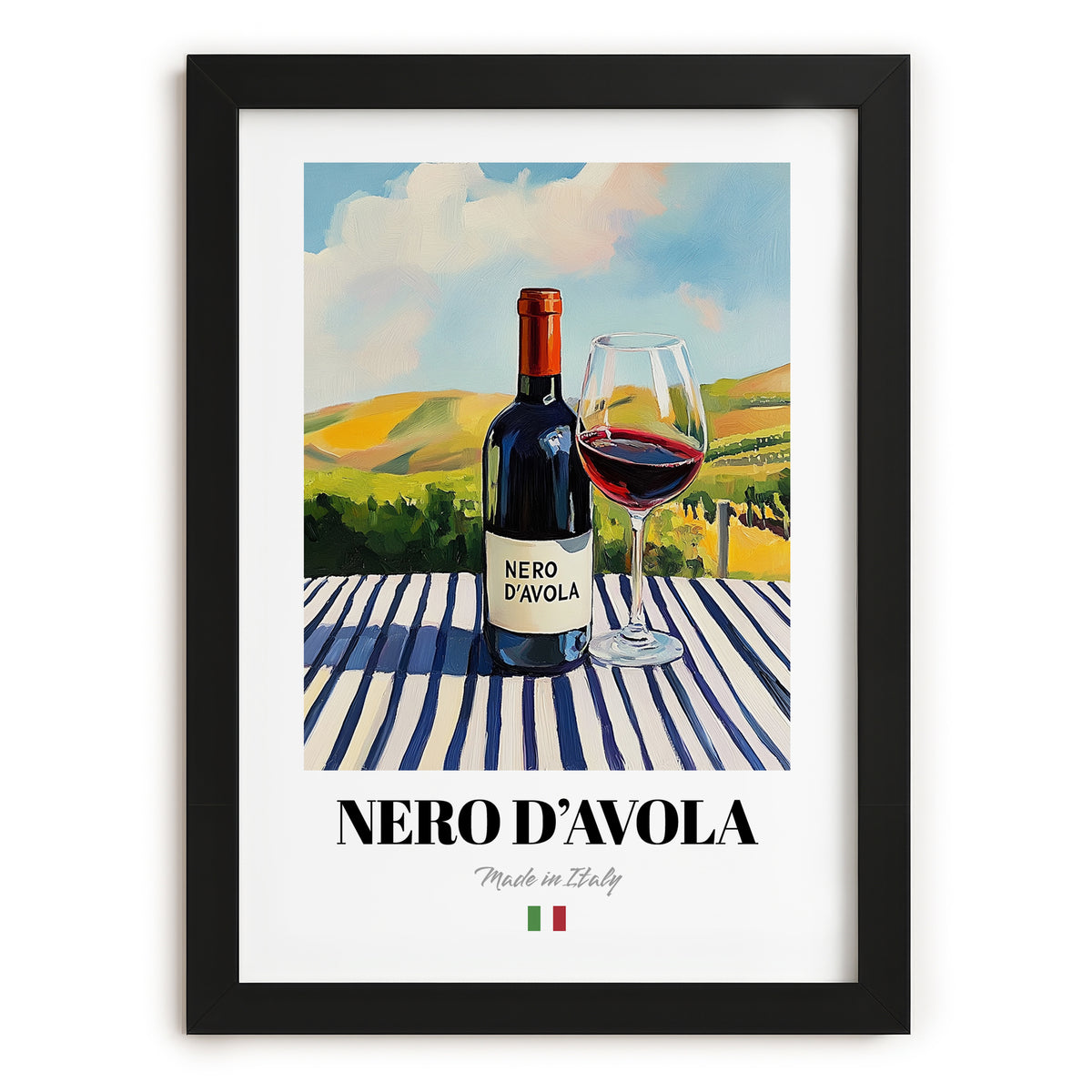 Nero d'Avola – Italian Red Wine, Wine Bar Wall Art, in sleek black frame