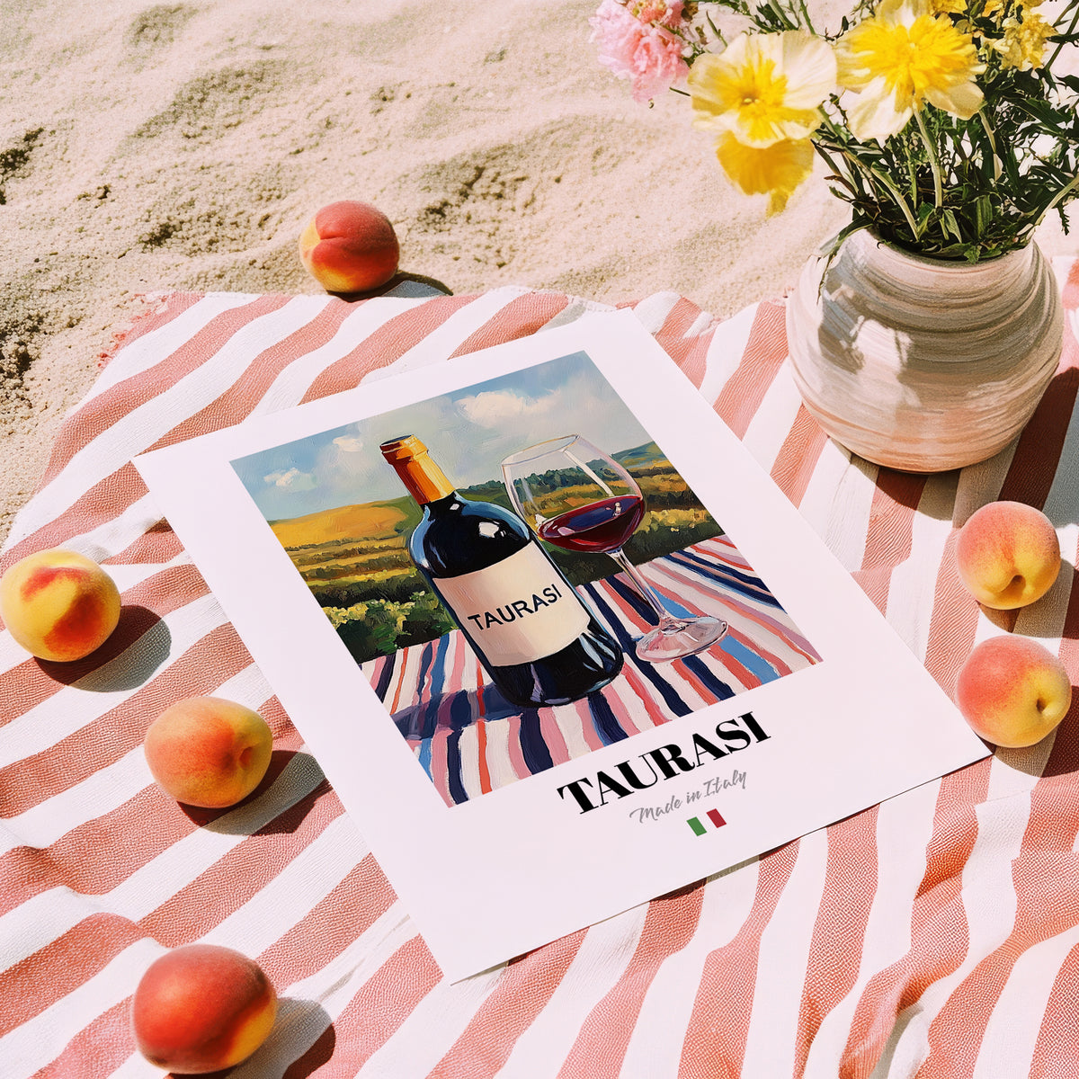 Taurasi – Italian Red Wine, Bodega Illustration, unframed on coastal sand