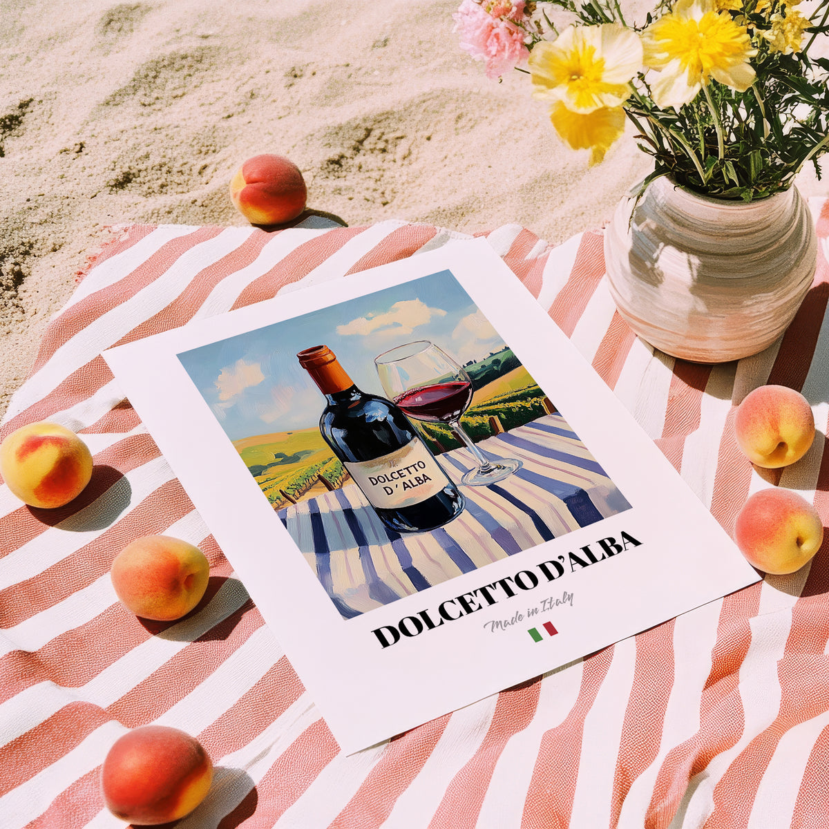 Dolcetto d'Alba – Italian Red Wine, Vinoteca Wall Art, unframed on coastal sand