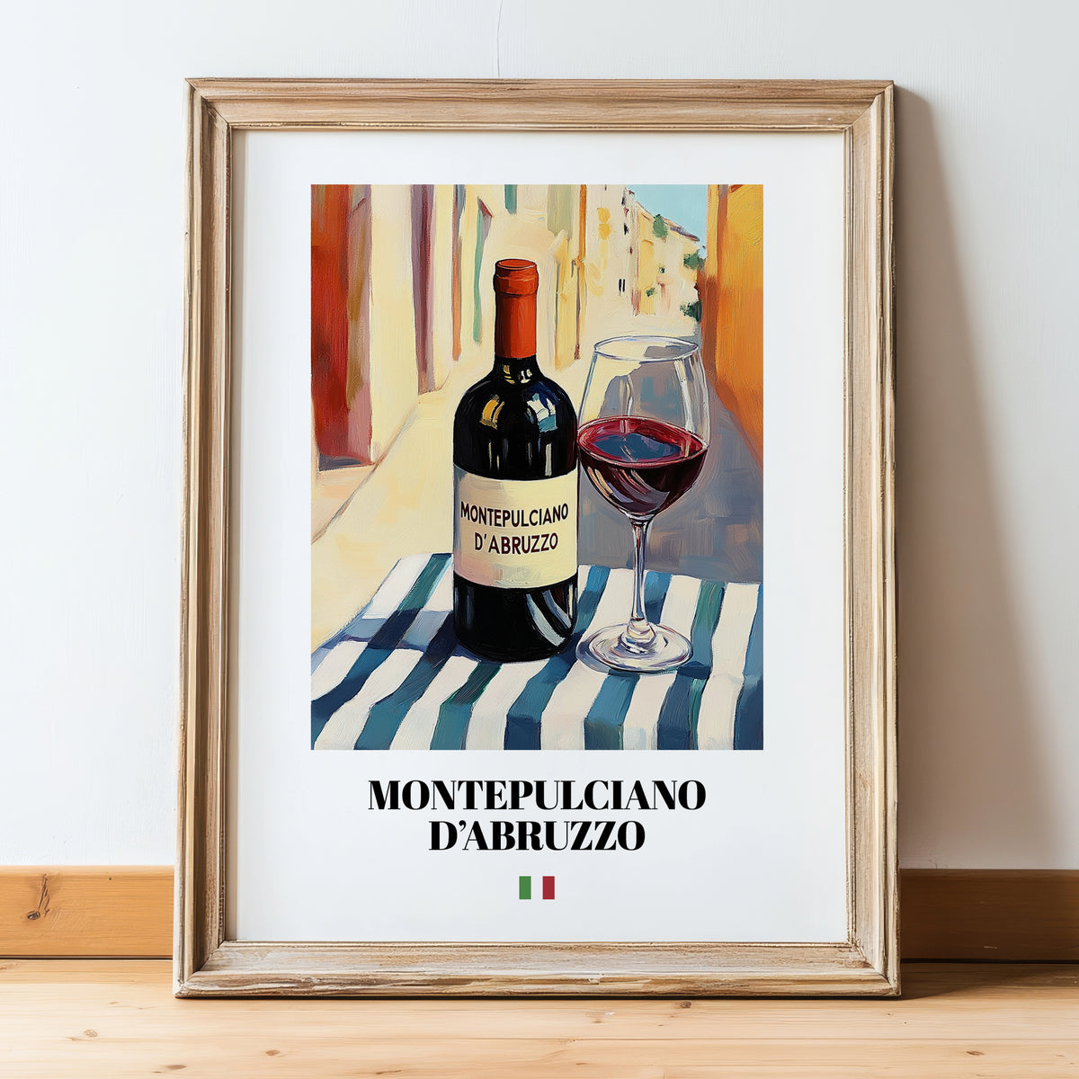 Montepulciano d'Abruzzo – Italian Red Wine, Wine Bar Poster, in wooden frame leaning on the floor