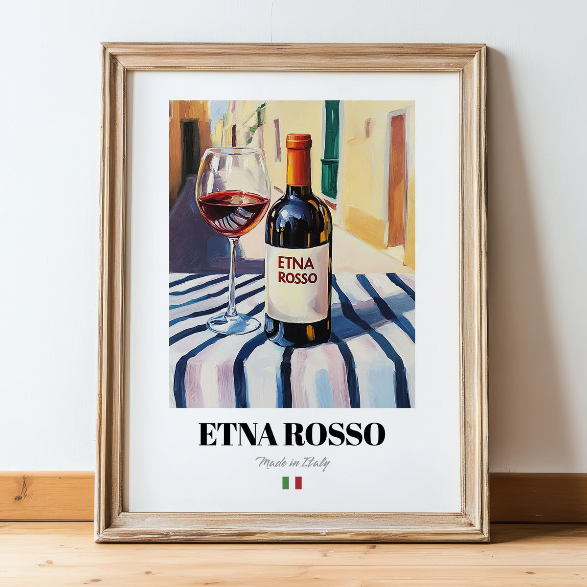 Etna Rosso – Italian Red Wine, Enoteca Illustration, in wooden frame leaning on the floor