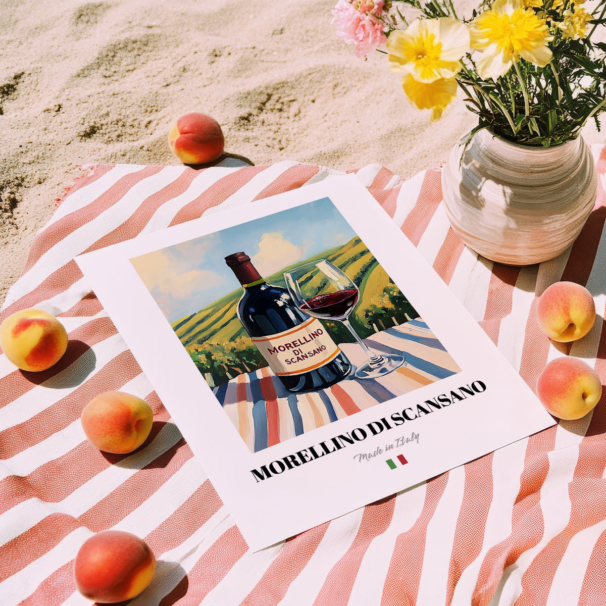 Morellino di Scansano – Italian Red Wine, Vinoteca Art, unframed on coastal sand