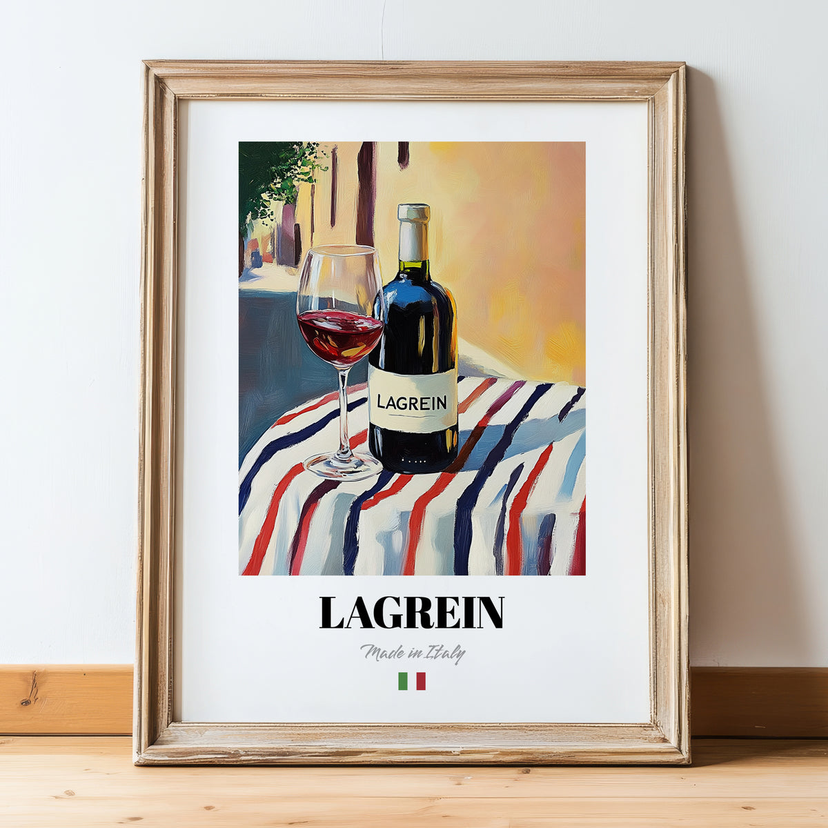 Lagrein – Italian Red Wine, Wine Bar Art, in wooden frame leaning on the floor