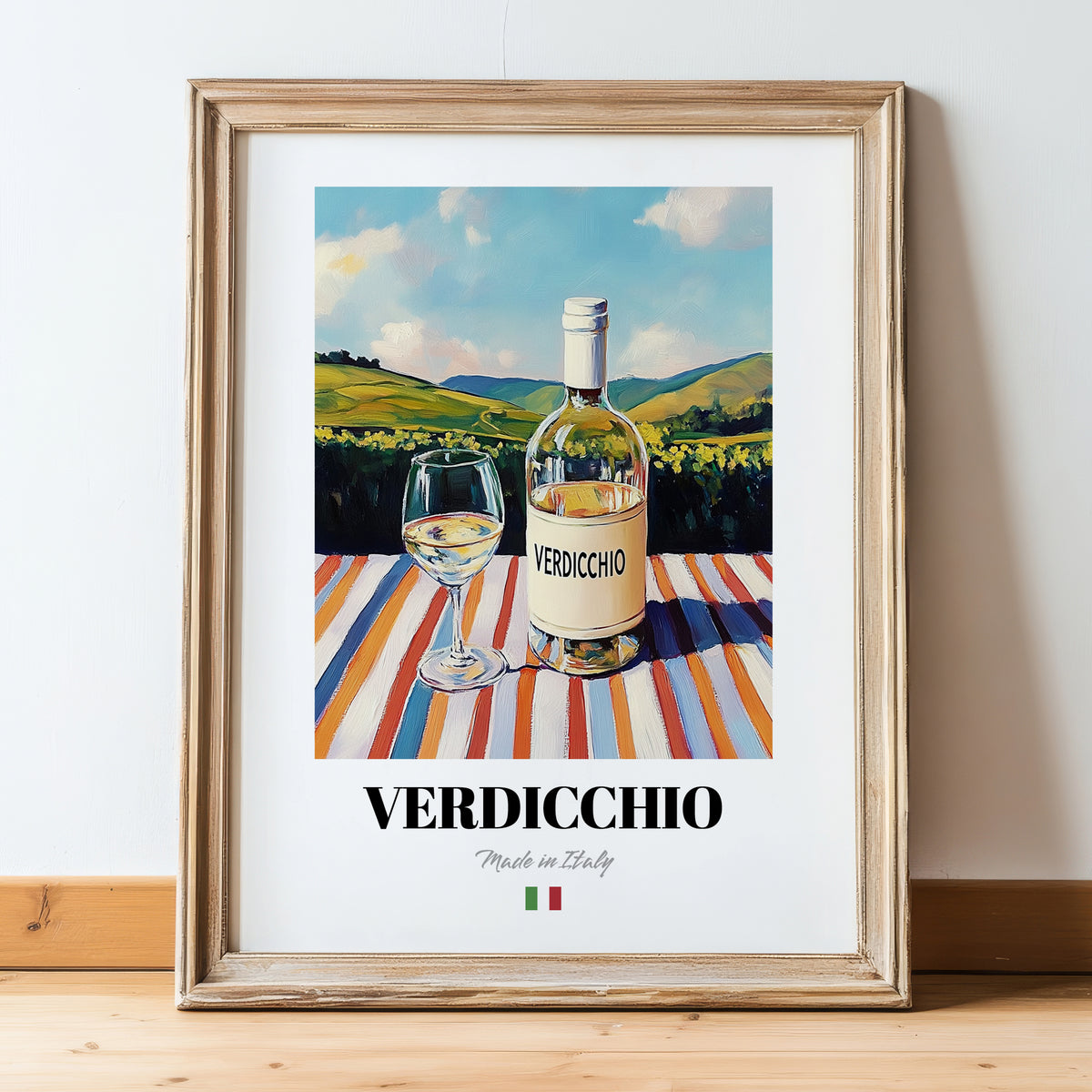 Verdicchio – Italian White Wine, Bodega Poster, in wooden frame leaning on the floor