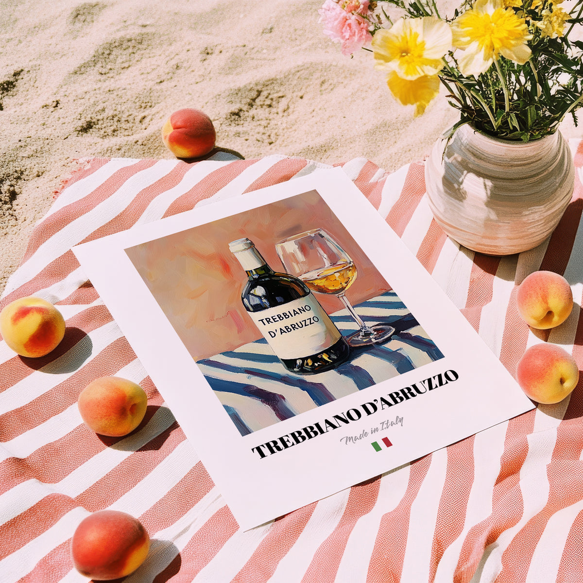 Trebbiano d'Abruzzo – Italian White Wine, Enoteca Wall Art, unframed on coastal sand