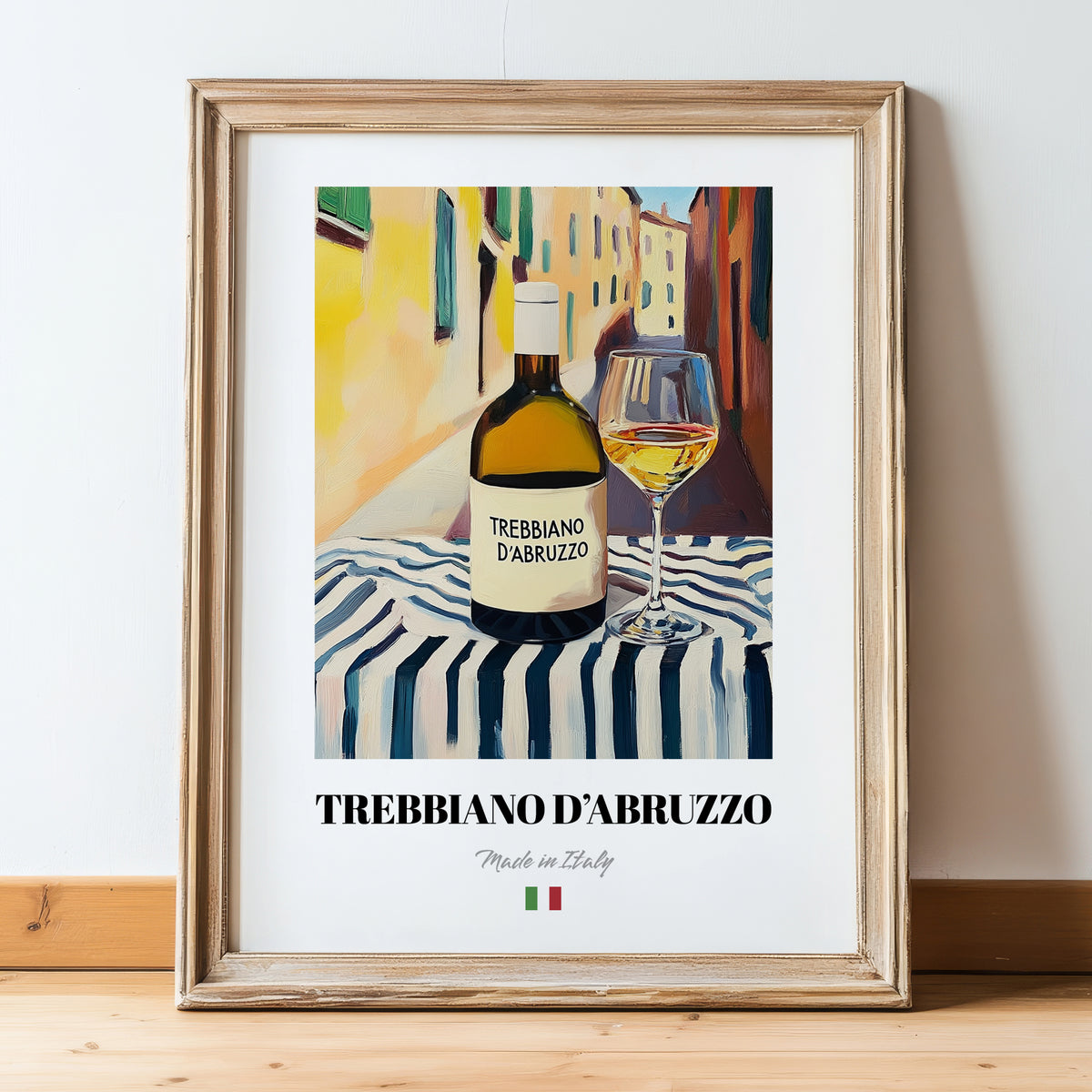 Trebbiano d'Abruzzo – Italian White Wine, Wine Bar Poster, in wooden frame leaning on the floor