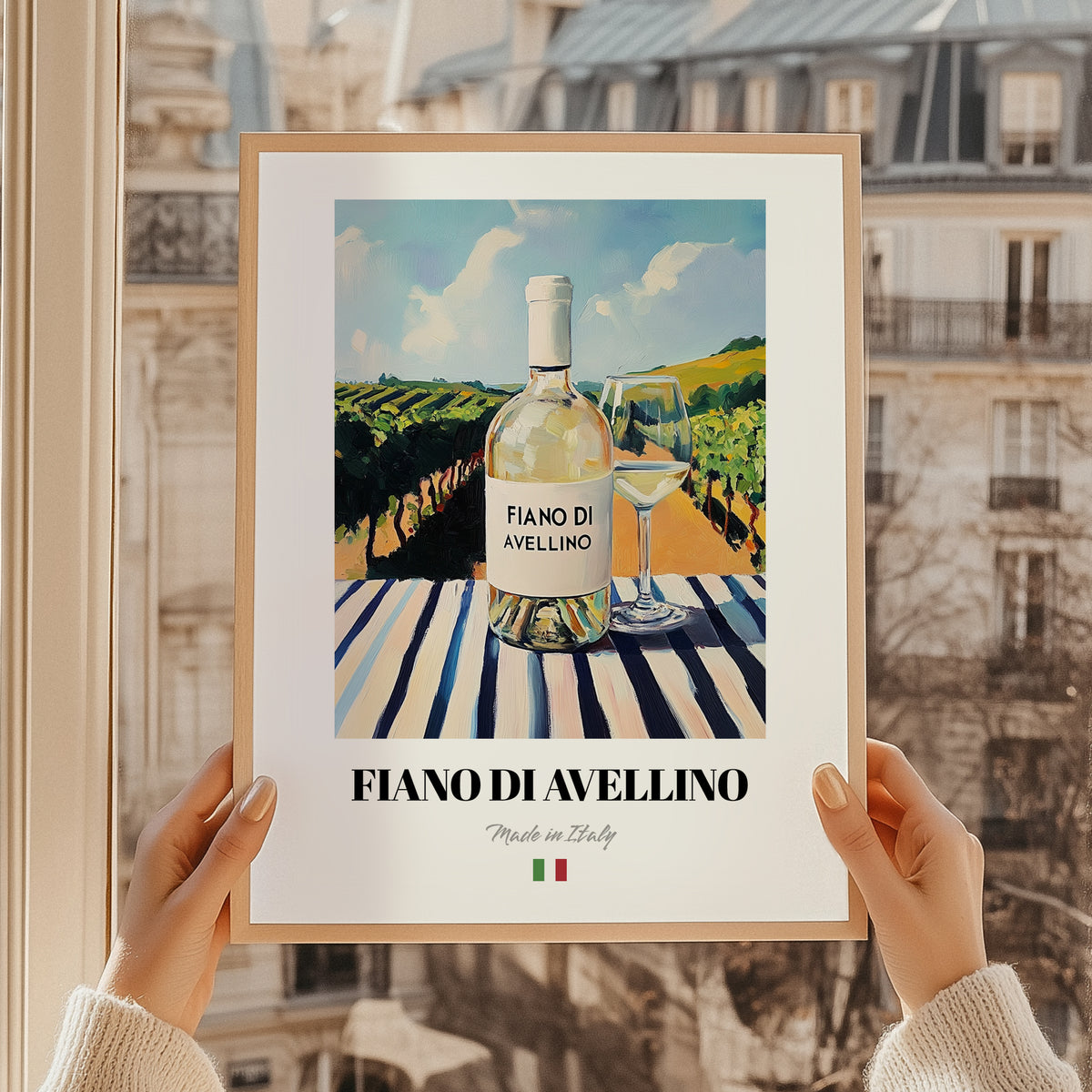 Fiano di Avellino – Italian White Wine, Bodega Poster, styled in a charming Paris street view