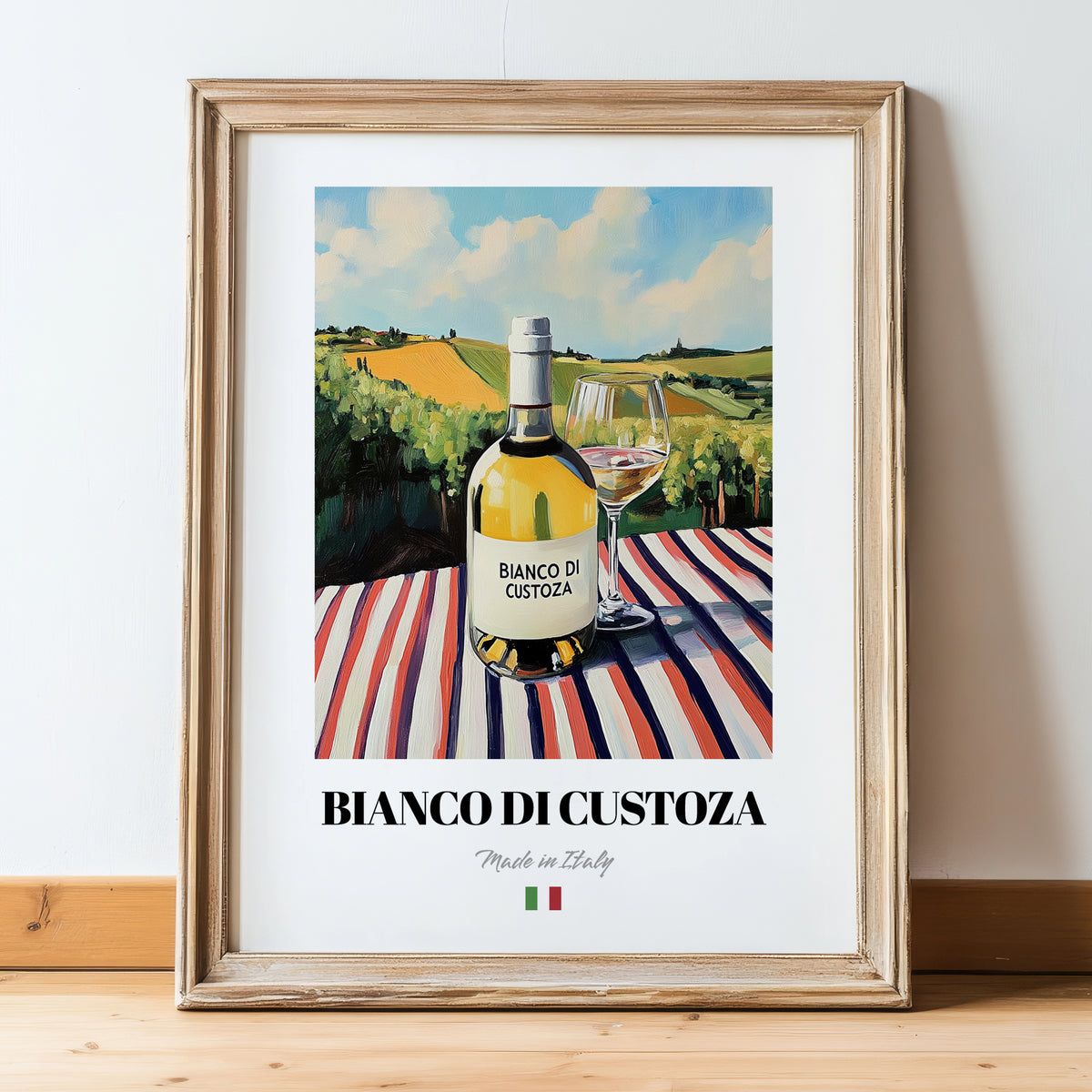 Bianco di Custoza – Italian White Wine, Vinoteca Wall Art, in wooden frame leaning on the floor