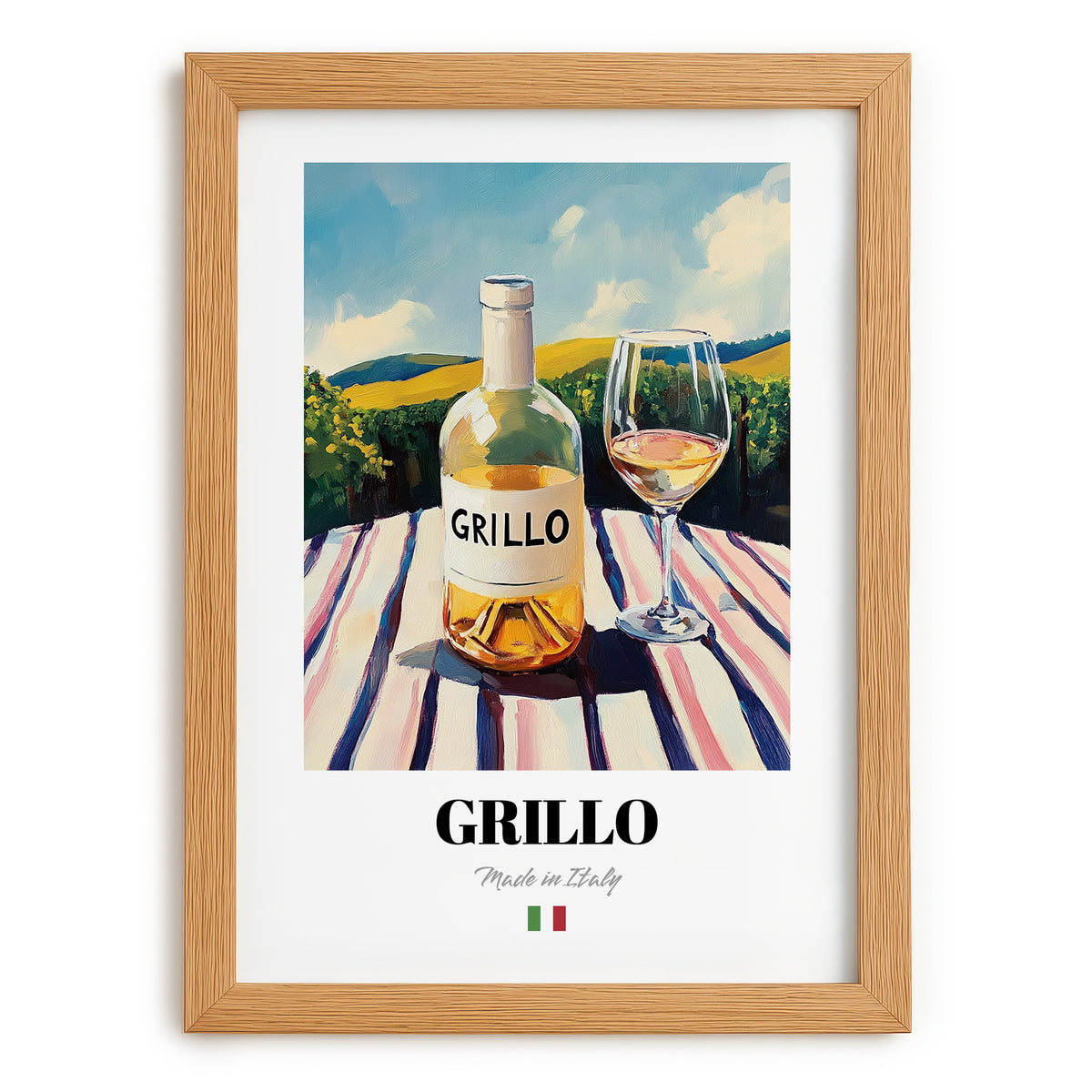 Grillo – Italian White Wine, Wine Bar Poster, set in oak frame