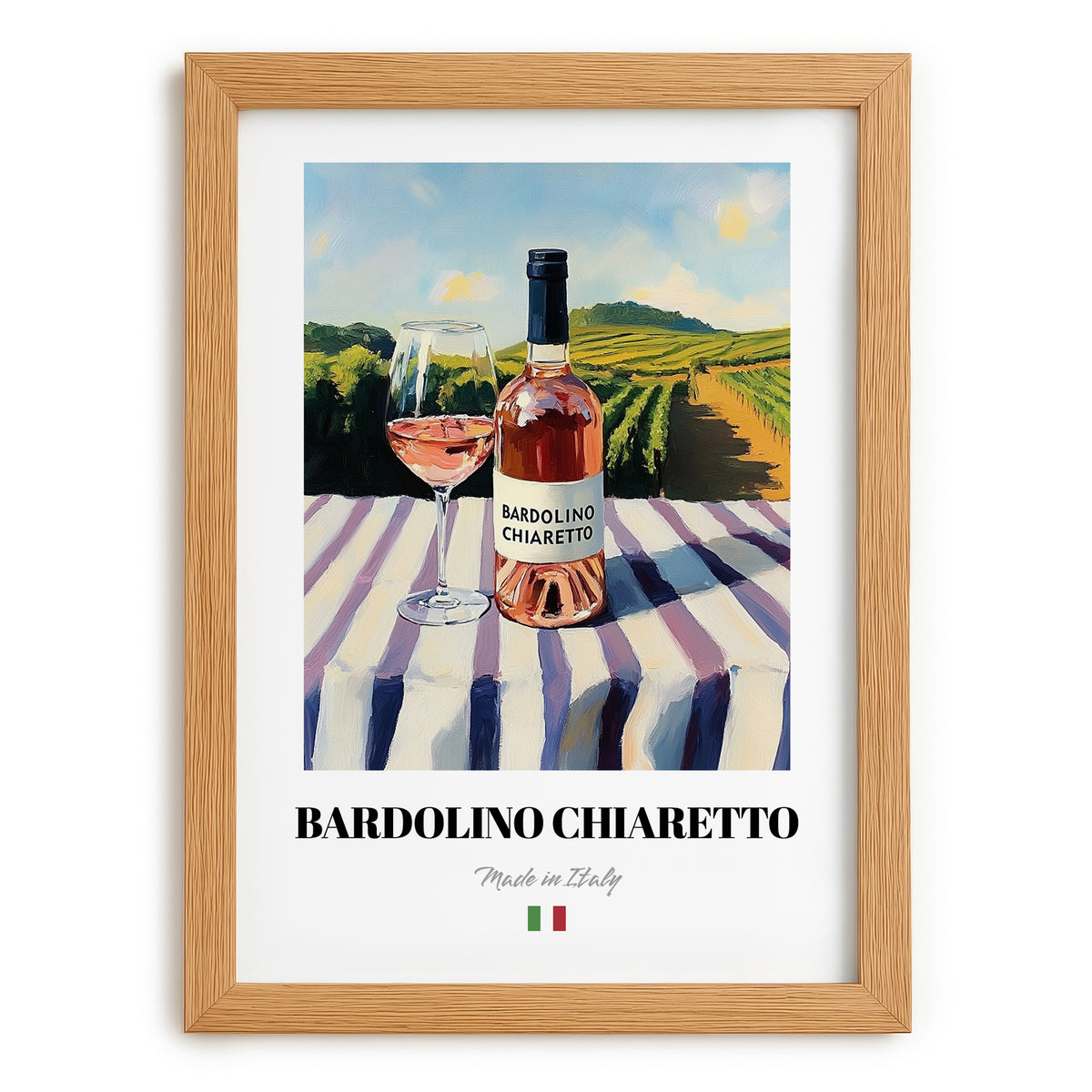 Bardolino Chiaretto – Italian Rose Wine, Wine Bar Art, set in oak frame