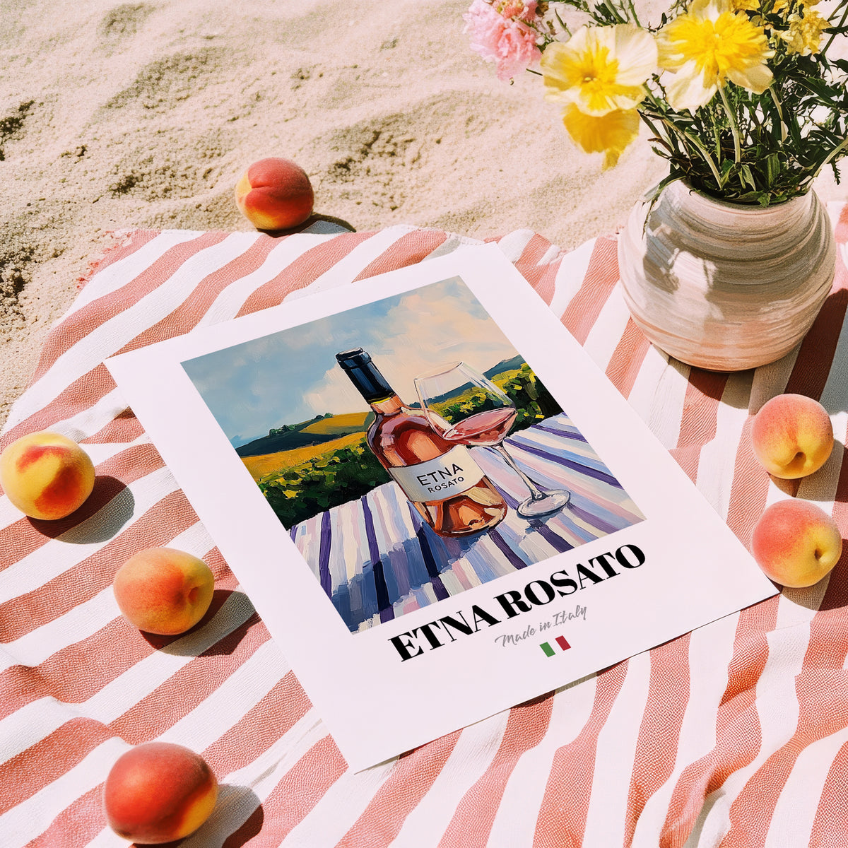 Etna Rosato – Italian Rose Wine, Wine Bar Print, unframed on coastal sand