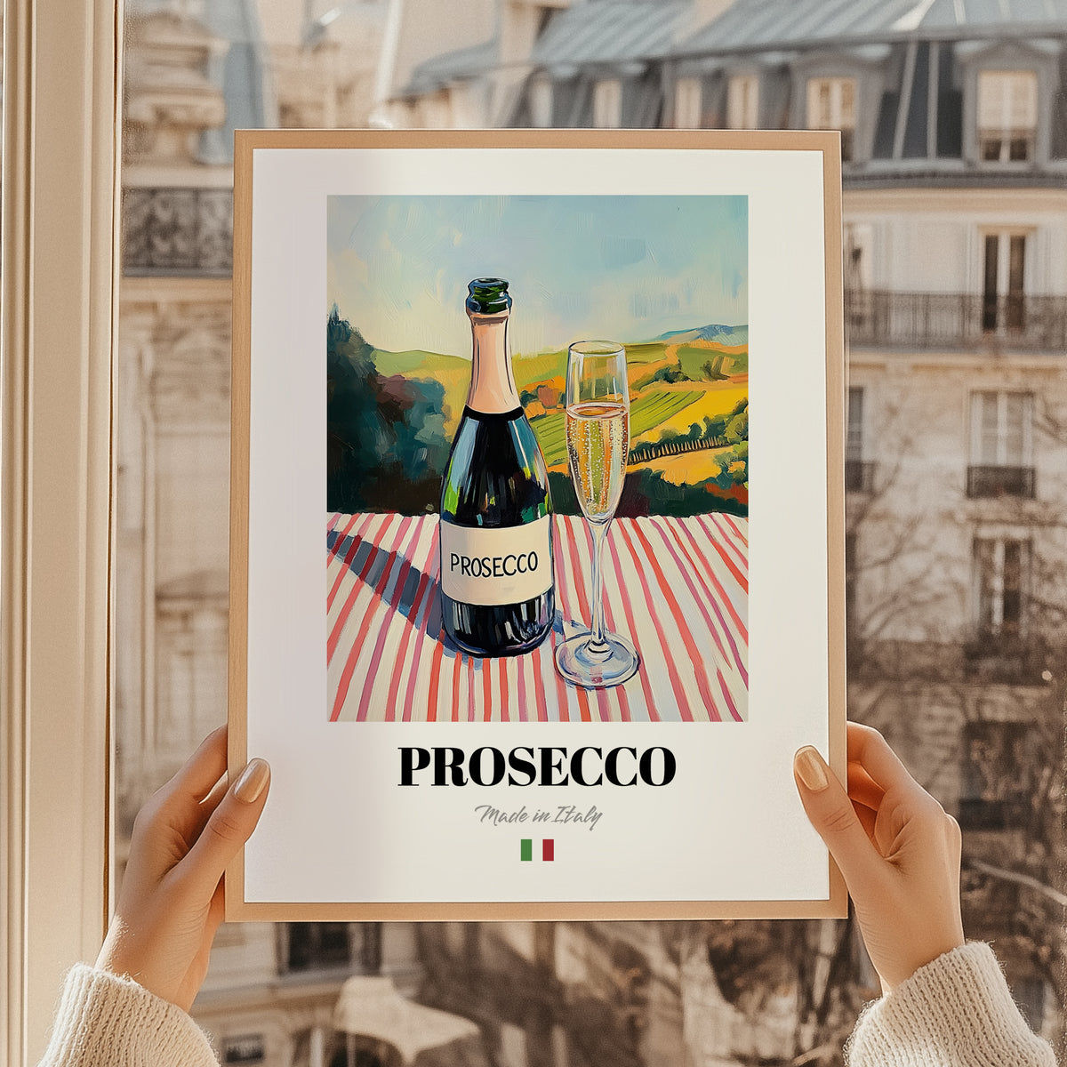 Prosecco – Italian Sparkling Wine, Vineyard Terrace Wall Decor, styled in a charming Paris street view